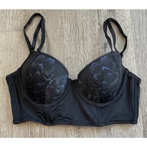 Adored‎ by Adore Me Evalynn Longline Lace Bra Jet Black Lightly Lined Size 34B